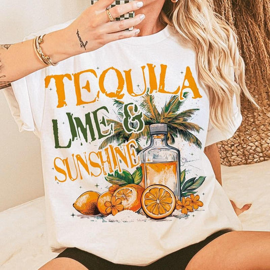Tequila Lime and Sunshine Shirt, Funny Summer Graphic Tee, Drinking Vacation T-Shirt for Women, Beach Party Shirt Fabric...