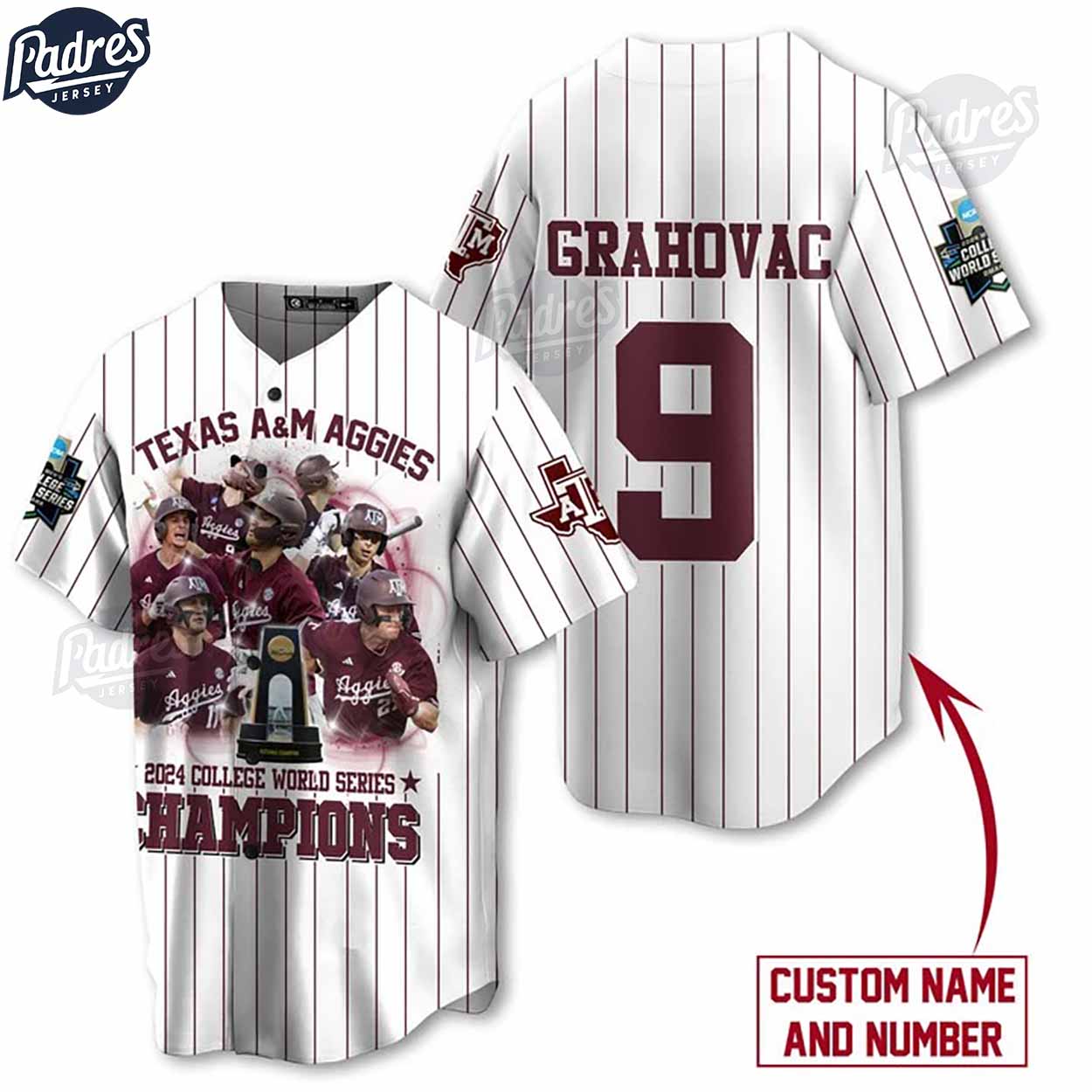 Texas A&M Aggies 2024 College World Series Champions Custom Baseball Jersey - Padres Jersey Oasis: Elevate Your... (Image 1)