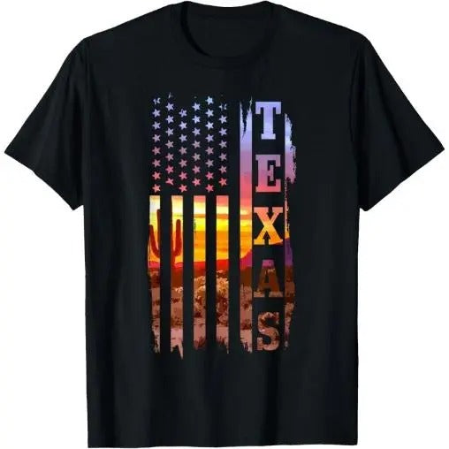 Texas American Flag Pride Landscape Cactus Patriotic Gift T-Shirt Made in USA