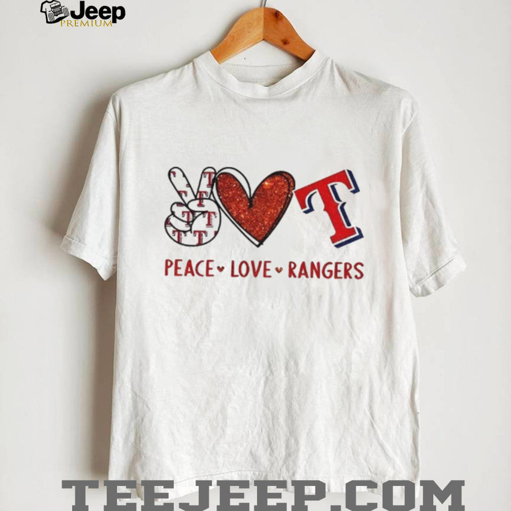 Texas Rangers Peace Love Rangers Baseball Red Glitter Logo T Shirt