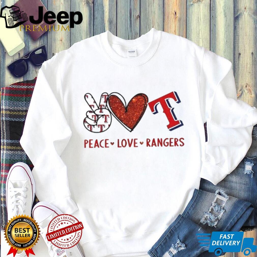 Texas Rangers Peace Love Rangers Baseball Red Glitter Logo T Shirt