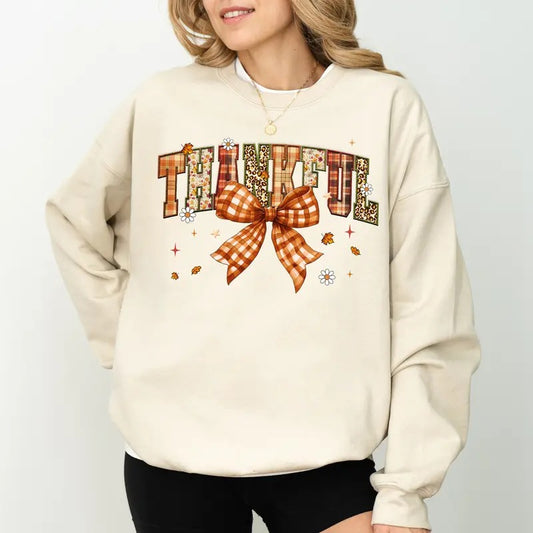 Thankful Coquette Bow Sweatshirt, Vintage Checkered Bow Crewneck, Fall Women's Sweater, Thanksgiving Gift Ideas for Girls, Cotton Long Sleeve Pullover