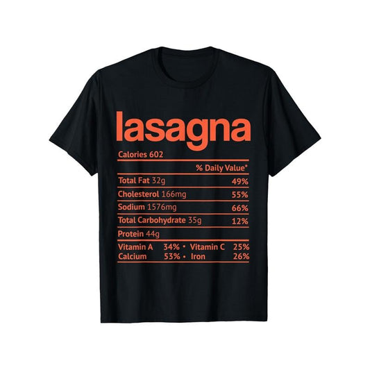 Thanksgiving Christmas Lasagna Nutrition Facts Funny T-Shirt - 100% Cotton, Crew Neck, Short Sleeve, Casual Printed Tee for Men & Women, All-Season Comfort Made in USA