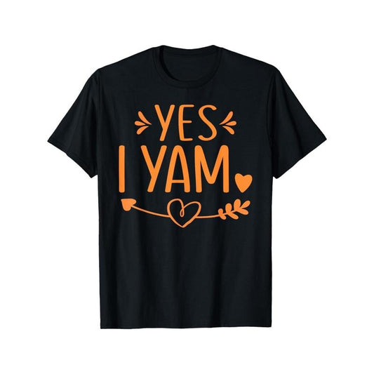 Thanksgiving Couples' "Yes I Yam" T-Shirts, Cotton Blend, Crew Neck, Short Sleeve, Regular Fit, Geometric-Pattern Knit Tops, 95% Cotton, 5% Spandex, for Daily & Casual Wear, All-Season Pullovers Made in USA