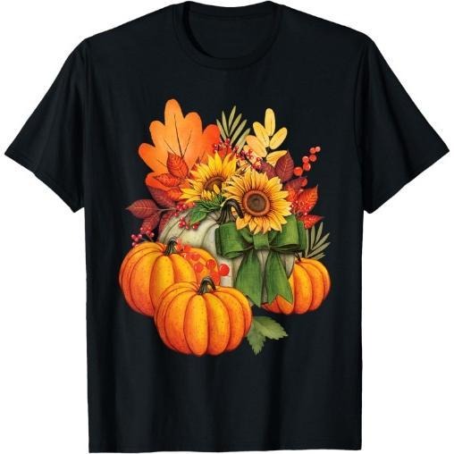 Thanksgiving Pumpkin Sunflower Fall Autumn Holiday T-Shirt Made in USA