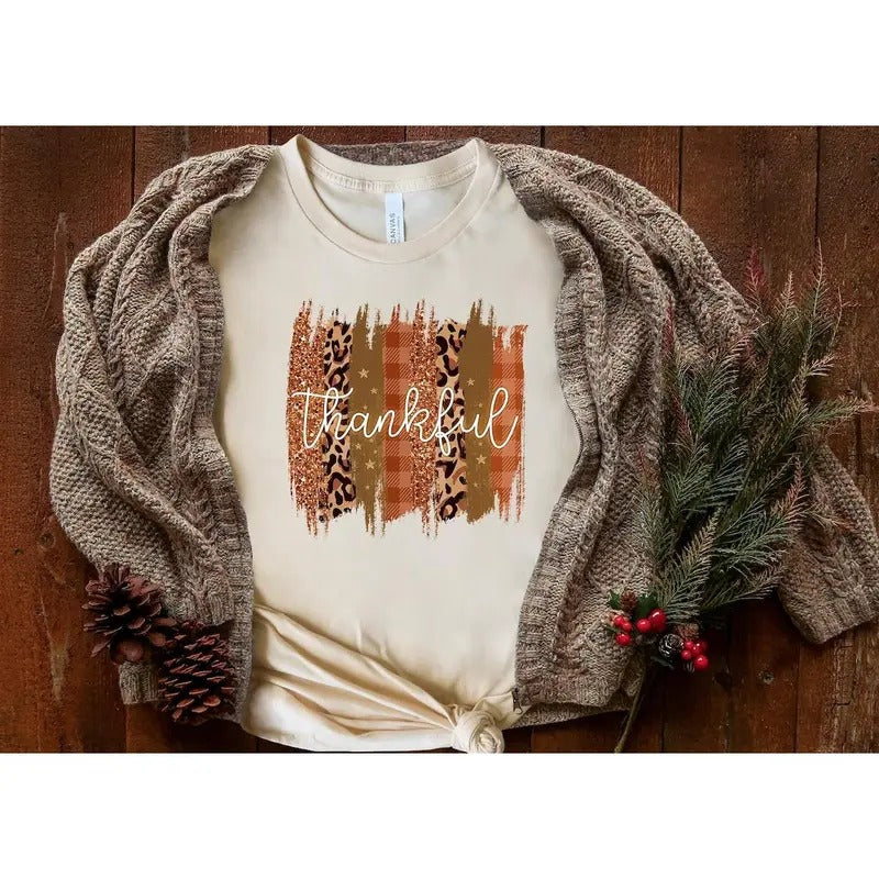 Thanksgiving Shirt, Leopard Shirt Womens Thankful Shirt, Fall shirt, Cute Fall, Thankful Blessed Cotton Polyester