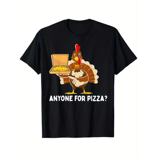 Thanksgiving Turkey Cartoon Pizza Applique T-Shirt, Cotton Blend Crew Neck Tee, Regular Fit, Slight Stretch, Geometric Pattern, Knit Fabric, for Adults, All-Season Sports Style Made in USA