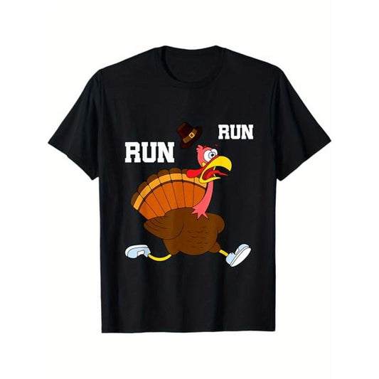 Thanksgiving Turkey Graphic T-Shirt, 100% Cotton Crew Neck Tee, Casual Loose Fit Short Sleeve Top, Slight Stretch Knit Fabric, Patterned Running Turkey Print for Thanksgiving & Christmas Gifts Made in USA
