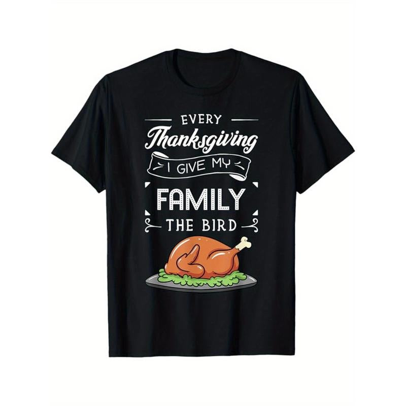 Thanksgiving Turkey Graphic Tee, Men'S Cotton Casual T-Shirt, Short Sleeve Crew Neck, All-Season Knit Fabric, Regular Fit Printed Top for Adults made in usa