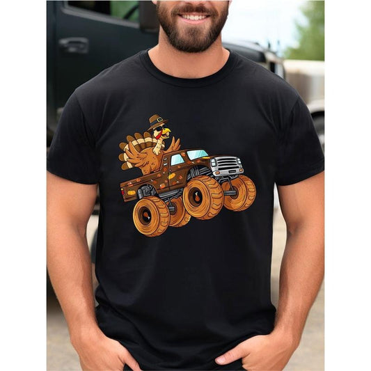 Thanksgiving Turkey Riding Monster Truck Men's Cotton Printed T-Shirt made in usa