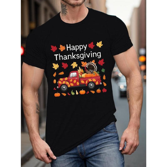 Thanksgiving Turkey Truck Graphic T-Shirt for Men - 100% Polyester, Casual Crew Neck, Slight Stretch, Short Sleeve Tee with Geometric Fall Design made in usa