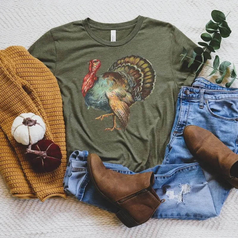 Thanksgiving Vintage Turkey Shirt Womens Fall T Shirt Fall Top Ladies Tee Thankful Shirt Mom Shirt Cotton Womenswear