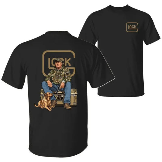 The 47th President Trump Holding a Glock Sitting Next to a Hunting Dog T-shirt, Camo Hunting Season Unisex Cotton