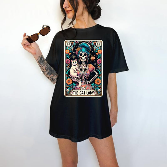 The Cat Lady Tarot Card - T-Shirt, Cute Skeleton, Bright Graphic, Funny Apparel, Gift Idea, Relaxed Fit, Casual Apparel, Cute Top, Great with Jeans, All Seasons, Fun Style, Comfortable Shirt