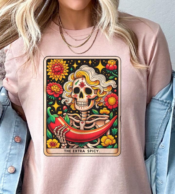 The Extra Spicy Tarot Graphic Tee Hot Pepper Skull Hippie Tshirt Casual Rocker Womens Top