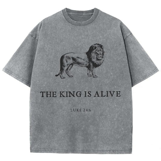 The King Is Alive Unisex Washed T-Shirt, Christian Tshirts, Christian Jesus shirts, Vintage 90s Graphic Tee Gift Cotton Top, Mineral color