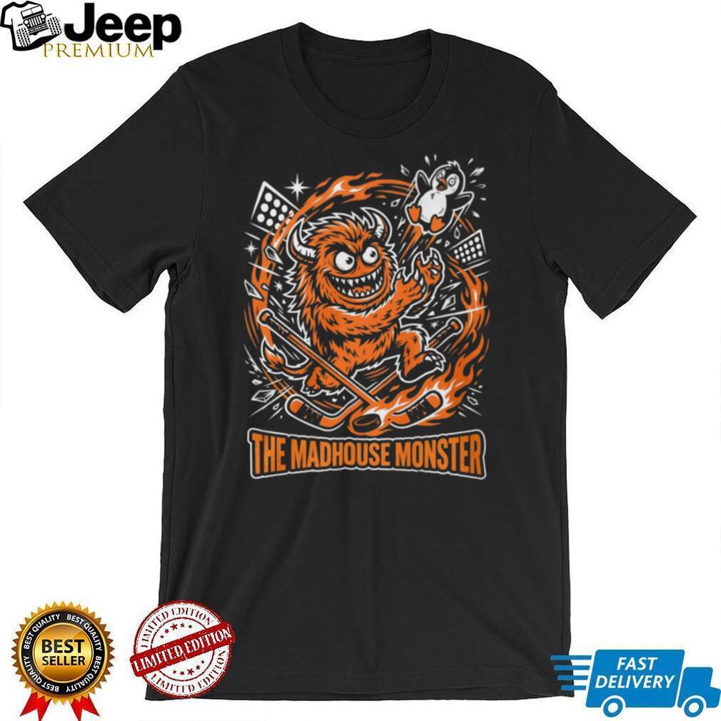 The Madhouse Monster Orange Hockey Beast Mascot Graphic Sports T Shirt