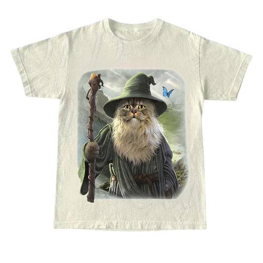 The Mountain Catdalf Unisex T-Shirt, Cotton Funny Graphic Tees for Cat Lovers, Cat Selfie Vintage 90s Graphic Shirt, Retro Funny Cat Tee, Alien Kitten Shirt, Y2k Halftone Gag Washed Tee, Cat Lovers Gift