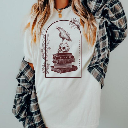 The Raven T-Shirt, Dark Academia Shirt, Edgar Allan Poe Tee, Floral Witchy Tshirt, Skull and Books Shirt, Gothic Aesthetic Tee