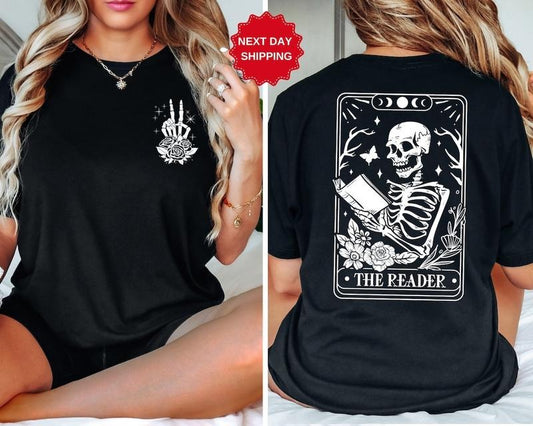The Reader Tarot Card Front And Back Printing Shirt, Skeleton Reading T-shirt