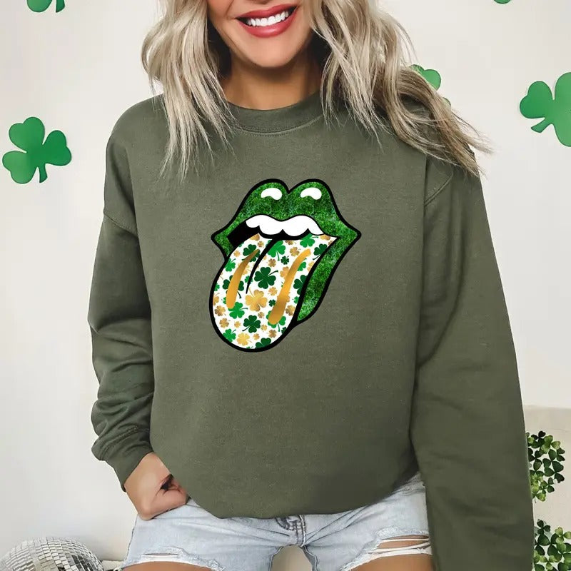 The Rolling Shamrock Lips Irish Clover St Patrick's Day Graphic Printed Unisex Classic Cotton T-shirt Sweatshirt Hoodie
