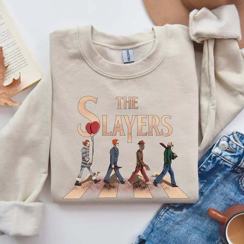 The Slayers Horror Movie Icons Abbey Road Parody T-Shirt - Unique Graphic Tee for Horror Fans - The Slayers Sweater, Perfect Halloween Gift