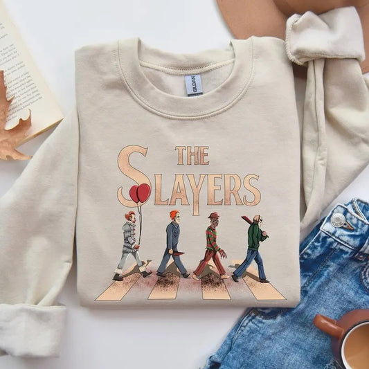 The Slayers Horror Movie Icons Abbey Road Parody T-Shirt - Unique Graphic Tee for Horror Fans - The Slayers Sweater, Perfect Halloween Gift