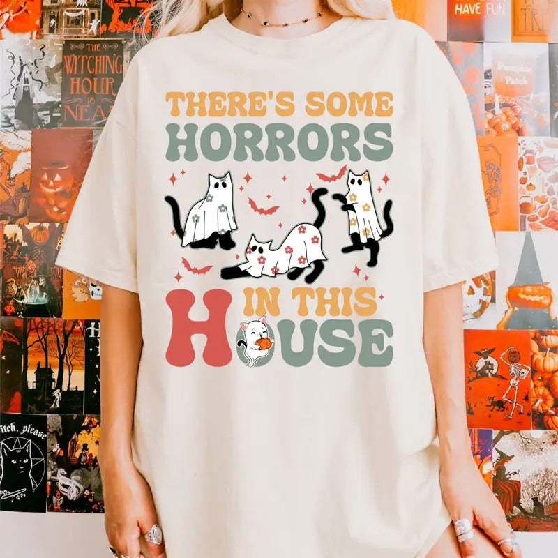 There's Some Horrors In This House Shirt Ghost Cats, Ghost Cats Shirt, Funny Halloween Tee