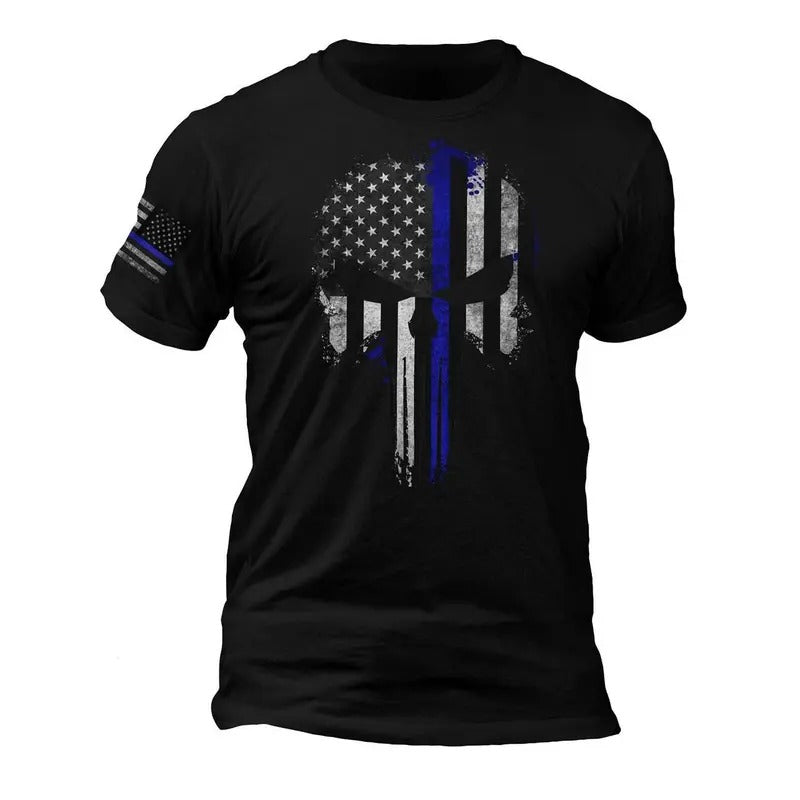 Thin Blue Line Flag Skull Police Lives Flag on Sleeve T-Shirt Casual Crewneck Classic Cotton Hoodie, Sweatshirt