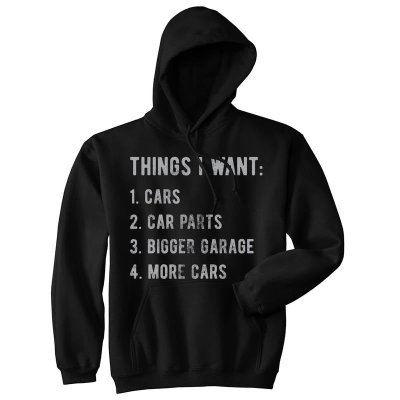Things I Want List Cars Unisex Hoodie Funny Car Guy Mechanic Wishlist Hooded Sweatshirt Funny Hoodies Funny Mechanic Pullover Novelty Sweatshirt Black -