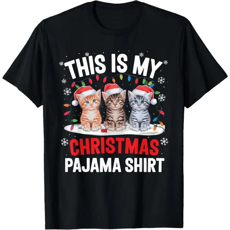 This Is My Christmas Pajama Shirt Cat Lover Meow Kitty Xmas T-Shirt Made in USA