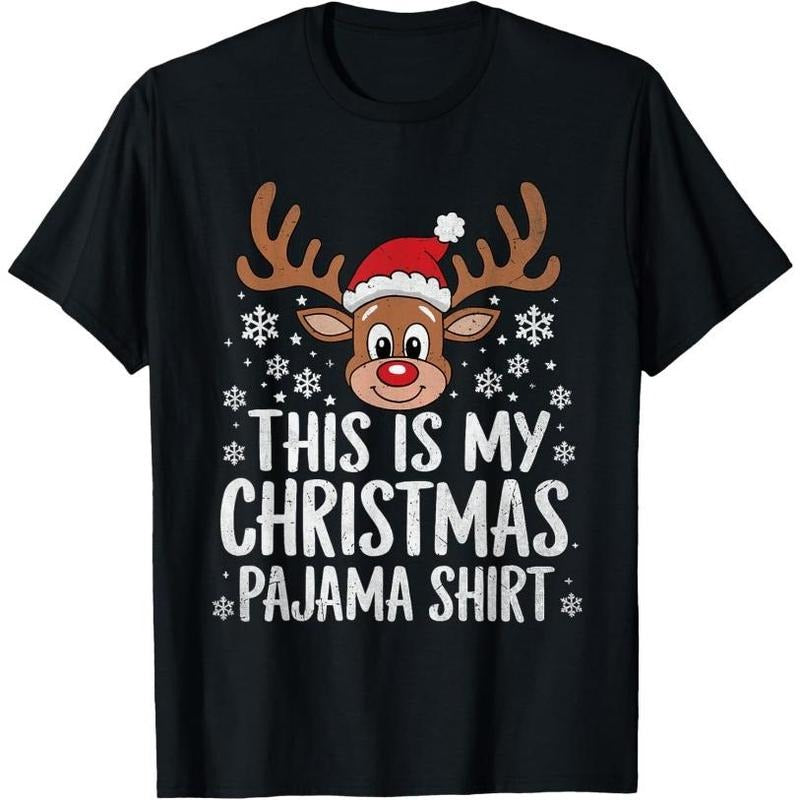 This Is My Christmas Pajama Shirt Reindeer Funny Xmas Pajama T-Shirt Made in USA