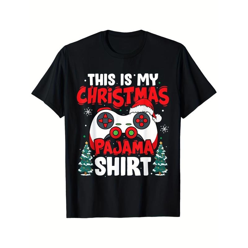 This Is My Christmas Pajama Video Game Gamer Boys Teens Printed T-shirt Comfortable Breathable, Soft, Casual Short Sleeve, Daily Wear, All Season, Black Men 220g made in usastyle{n002}4