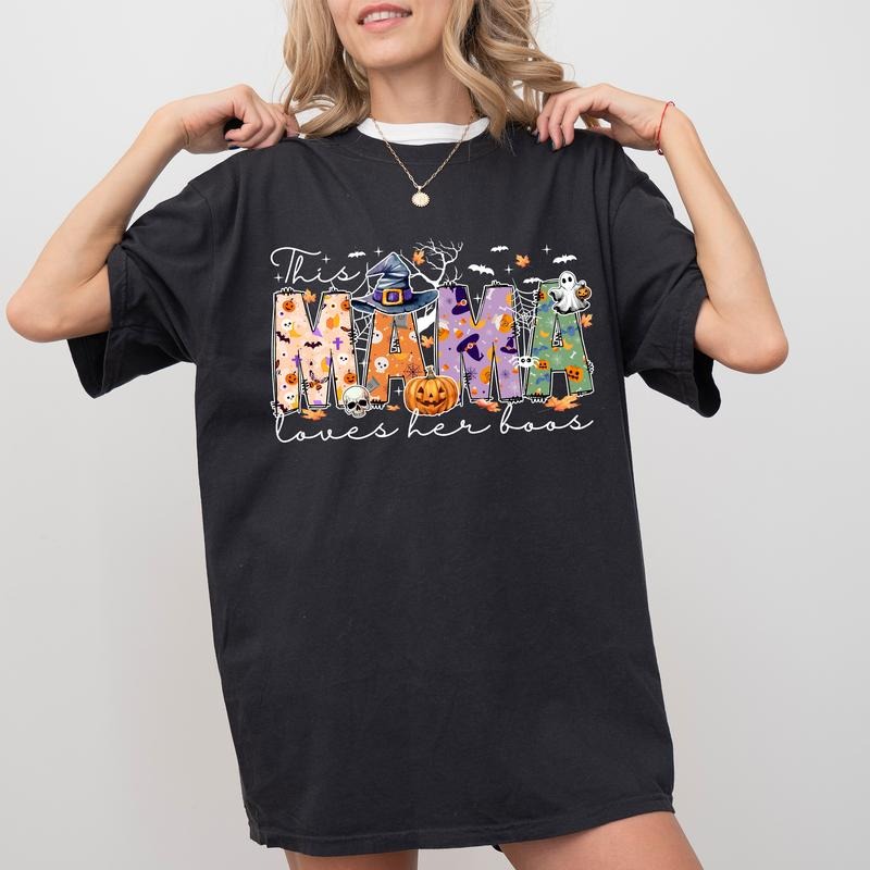 This Mama Loves Her Boos Shirt, Coquette Halloween Graphic Printed Tee, Spooky Mama Halloween Sweater, Cute Gifts for...