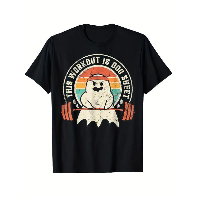 This Workout Is Boo Sheet Funny Halloween Ghost Exercise Gym Printed T-shirt Comfortable Breathable, Soft, Casual Short Sleeve, Daily Wear, All Season, Black Men Made in USA