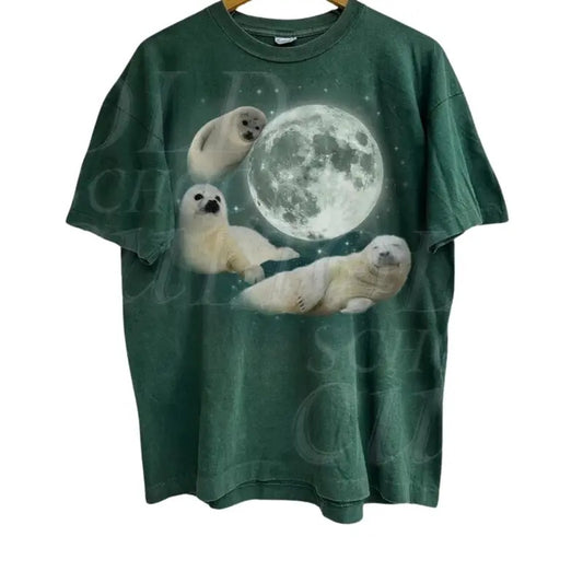 Three Baby Seal Vintage Graphic T-shirts, Retro Sea Dog Moon Tshirt, Seal Lovers, Cute Sea Dog Tee, Relaxed Washed Adult Tee,Tee Menswear Streetwear