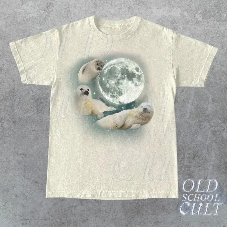 Three Baby Seal Vintage Graphic T-shirts, Retro Sea Dog Moon Tshirt, Seal Lovers, Cute Sea Dog Tee, Relaxed Washed Unisex Adult Tee