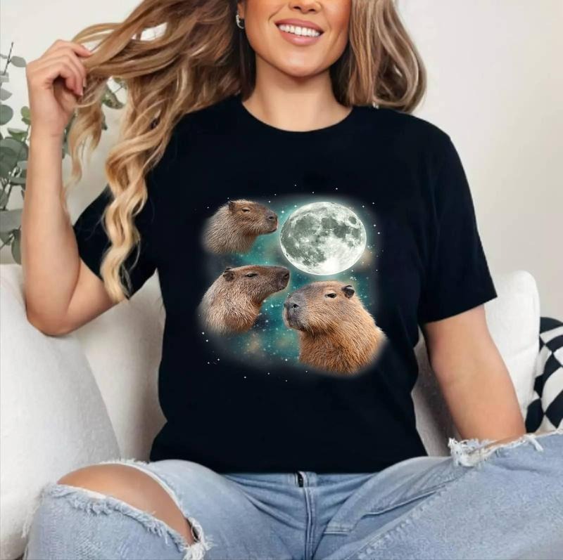 Three Capybara Moon Giant Rodents Weird Howling Parody T-Shirt ,Unisex Cotton, Top Womenswear
