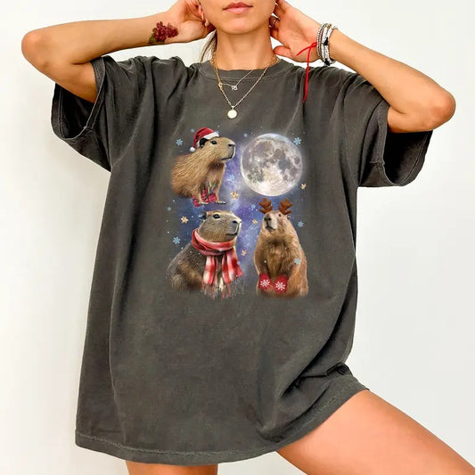 Three Capybara Vintage Shirt Comfort Colors, Funny Capybara Crewneck Women Tee, Capybara Lovers Gifts, Xmas Capybara Moon Womenswear