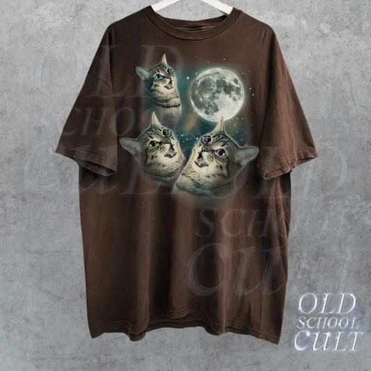 Three Cats Vintage 90s Graphic T-shirts, Retro Cat Moon Tshirt, Kitten Lovers, Funny Galaxy Tee, Unisex Washed Tee, Funny Meme T Shirt