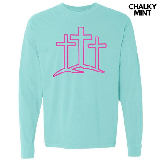 Three Crosses Pink Puff Long Sleeve Comfort Colors T-Shirt