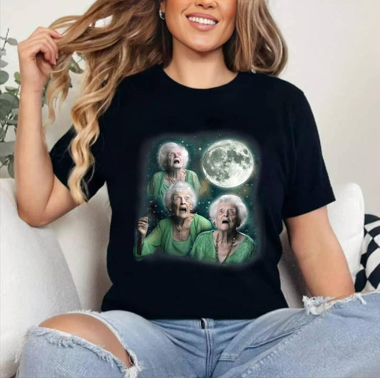Three Granny Moon 3 Old Ladys Howling Weird Cursed Meme T-Shirt , Unisex Cotton, Crewneck, Top Womenswear