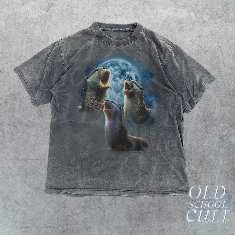 Three Otters Vintage Graphic T-shirts, Retro Otter Moon Tshirt, Otter Lovers, Funny Graphic Tee, Oversized Washed Tee, Weird T Shirts