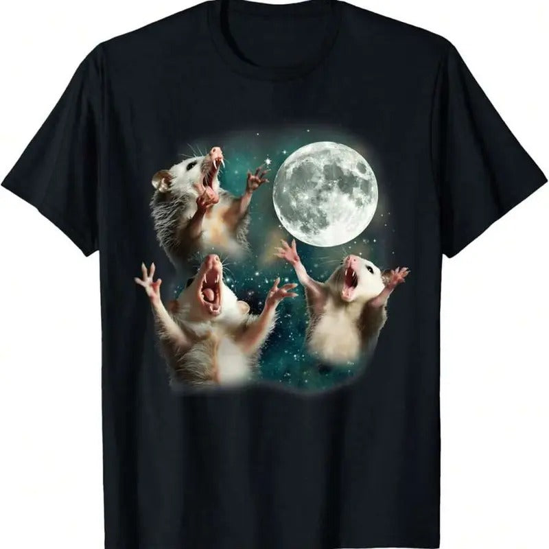 Three Possum Moon Vintage Graphic Tee | 3 Opossum Funny Weird Cursed Meme T-Shirt, Short Sleeve T-Shirts ,funny graphic tees, Menswear Tshirt Crewneck