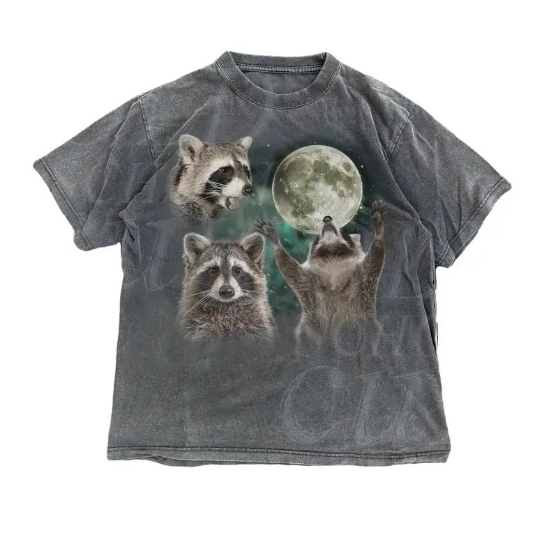 Three Raccoons Retro Graphic T-shirts, Vintage Raccoon Moon Tshirt, Raccoon Lovers, Funny Raccon Tee Cotton Menswear Top Polyester