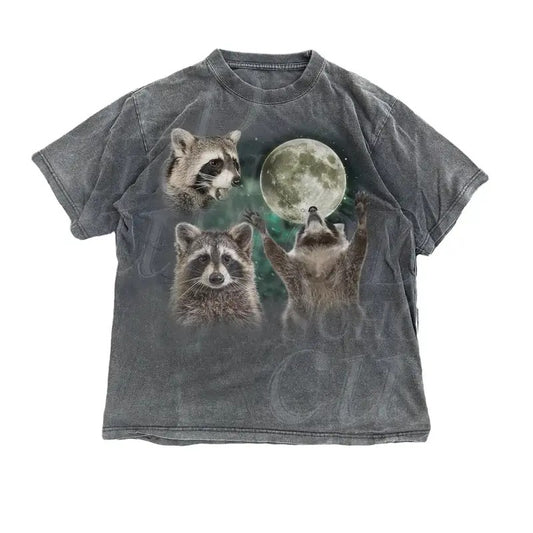 Three Raccoons Retro Graphic T-shirts, Vintage Raccoon Moon Tshirt, Raccoon Lovers, Funny Raccon Tee Cotton Menswear Top Polyester