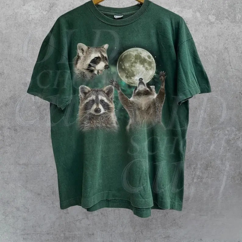 Three Raccoons Retro Graphic Tshirts, Vintage Raccoon Moon Tshirt, Funny Raccon Tee Cotton Top Streetwear