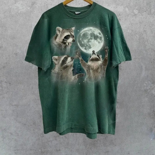 Three Raccoons Vintage Graphic T-shirts, Retro Raccoon Moon Tshirt, Raccoon Lovers, Funny Raccon Tee, Oversized Washed...