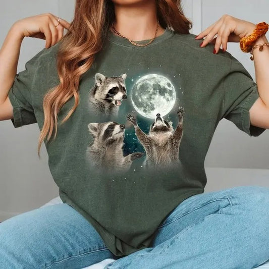 Three Raccoons Vintage Graphic T-shirts, Retro Raccoon Moon Tshirt, Raccoon Lovers, Funny Raccon Tee, Oversized Washed Tee, Raccoon Gifts Menswear Top