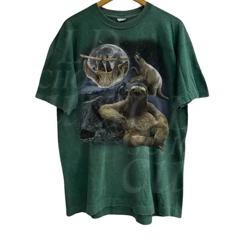 Three Sloths Vintage 90s Graphic T-shirts, Retro Sloth Nature Moon Tshirt, Funny Sloth Lovers Gift, Relaxed Washed Tee, Party Shirts